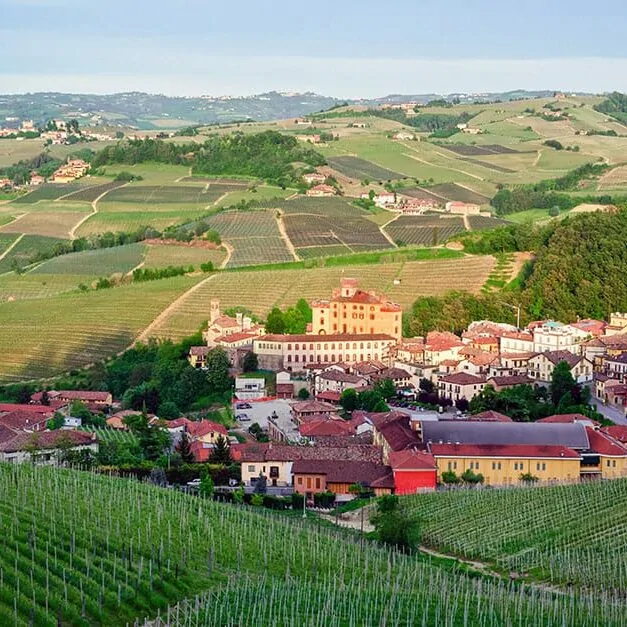 Village du Piémont entouré de vignes de nebbiolo terroir du Barolo