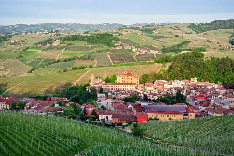 Village du Piémont entouré de vignes de nebbiolo terroir du Barolo