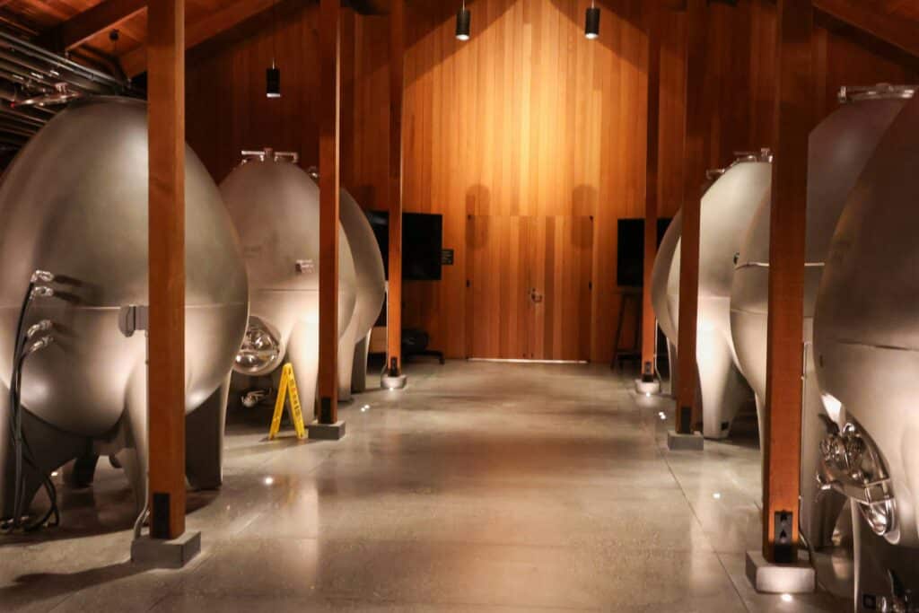 chai de vinification avec œufs en béton utilisés pour la fermentation du vin et l’élevage sur lies